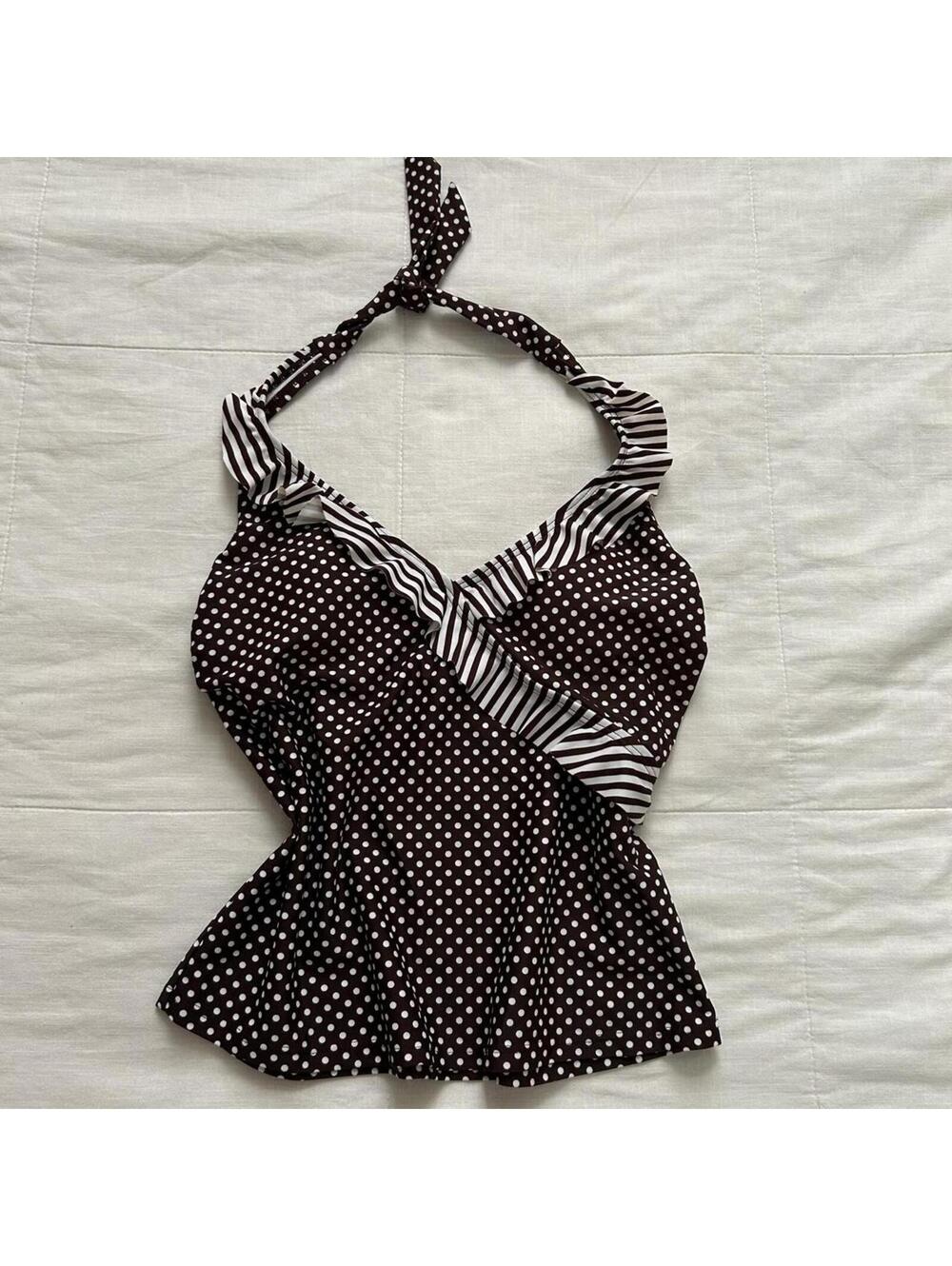 Brown & white polka dot halter tankini top with ruffle detail Size medium